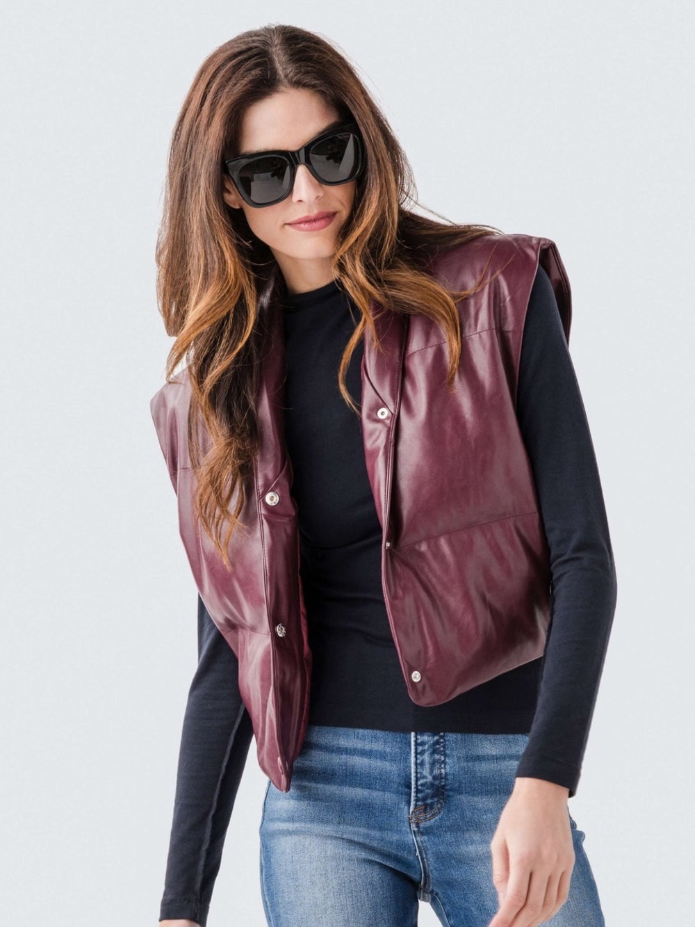 Elan Burgundy Faux Leather Puffer Vest - Picture 1 of 6